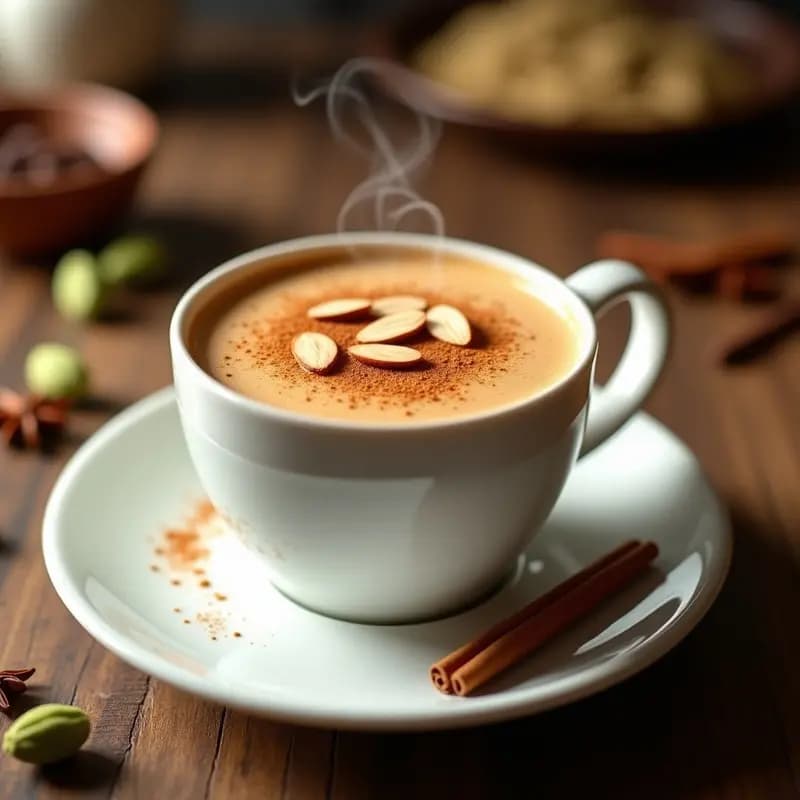 Taza de cerámica blanca humeante con Chai Latte con proteína de guisante, espolvoreada con canela y cardamomo, sobre una mesa de madera con especias enteras al fondo.