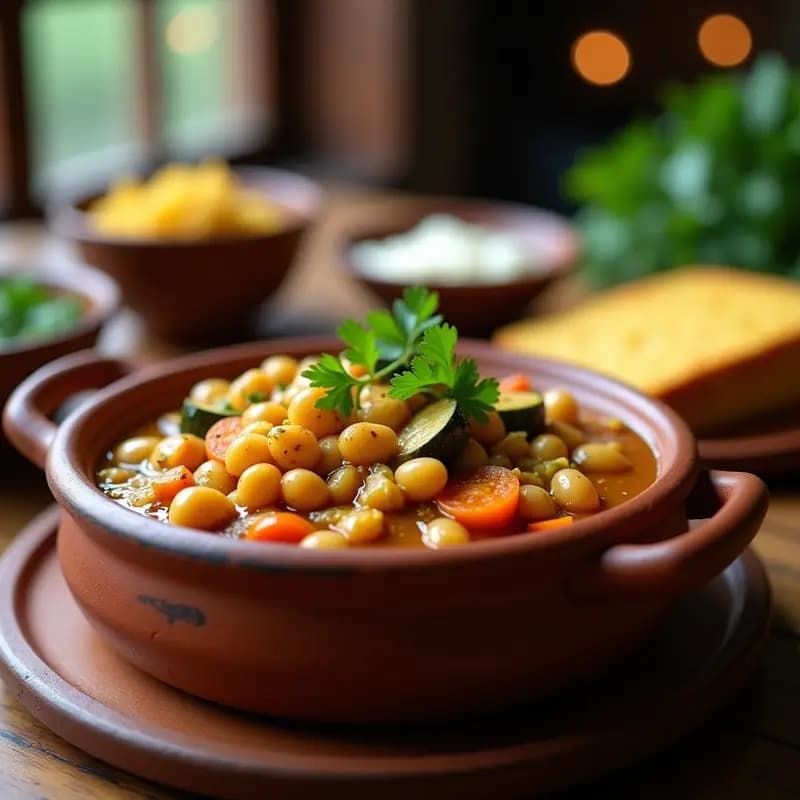Cazuela de barro humeante con chakalaka sudafricana vegana: frijoles negros, berenjena asada, tomates y especias en un guiso espeso, decorado con cilantro fresco y rodajas de limón, servido con pan de maíz dorado al lado.