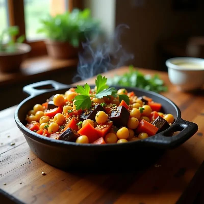 Bowl colorido de chakalaka sudafricana con garbanzos dorados, berenjena asada en cubos, pimientos rojos y verdes, zanahorias y salsa especiada de tomate y curry, decorado con cilantro fresco.