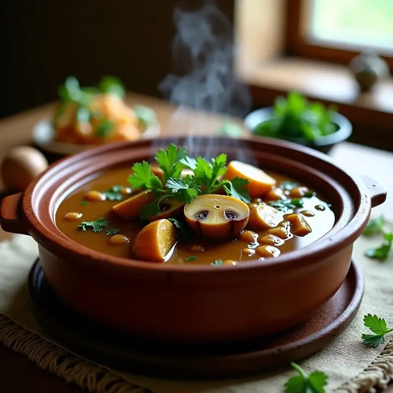Cazuela de barro humeante con chakapuli georgiano vegano: estofado espeso de champiñones portobello y shiitake en salsa oscura con ciruelas verdes, decorado con hierbas frescas (cilantro, menta y estragón), servido sobre fondo rústico de madera.