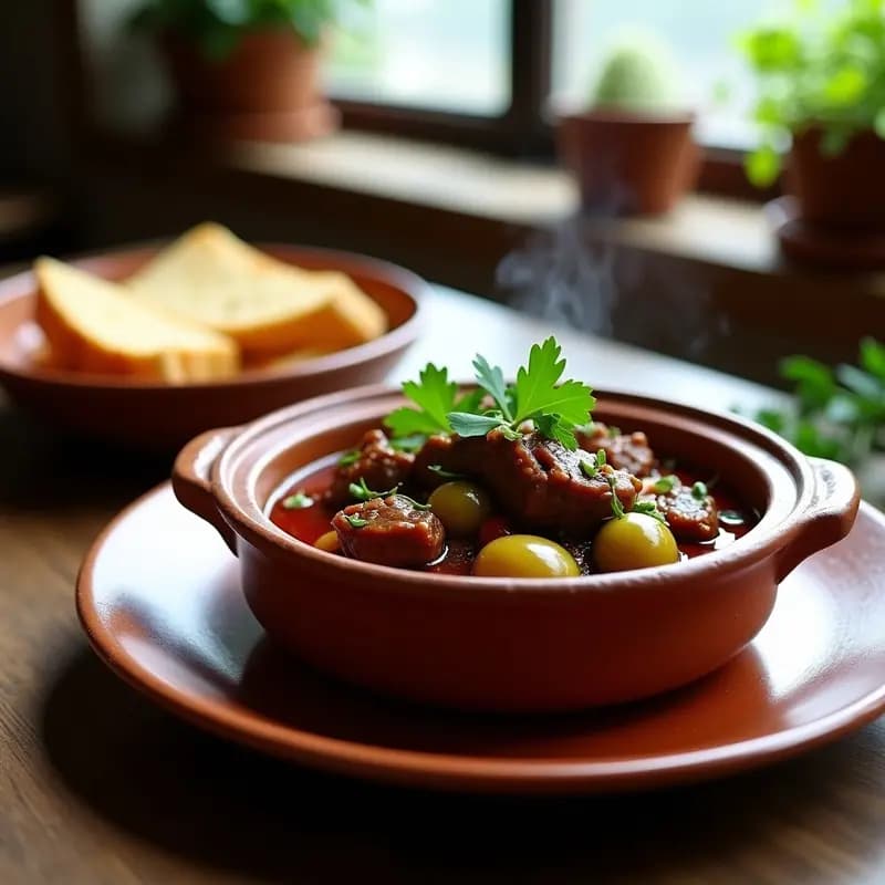 Plato hondo de barro con chakapuli de cordero georgiano: trozos tiernos de cordero en salsa espesa de vino tinto, ciruelas verdes enteras y hierbas frescas. Acompañado de pan shoti y decorado con cilantro. Receta tradicional en olla express.
