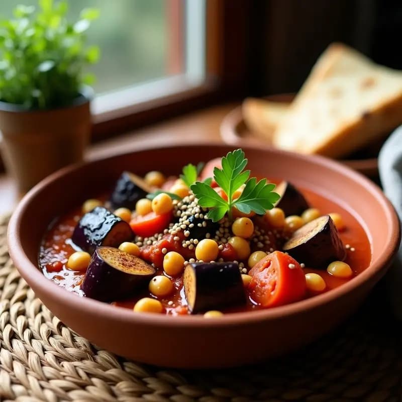 Plato hondo de barro con chakchouka vegana: berenjena asada dorada, garbanzos crujientes, salsa de tomate especiada con comino y pimentón, decorado con perejil fresco, tahini y semillas de sésamo. Desayuno norteafricano sin gluten.
