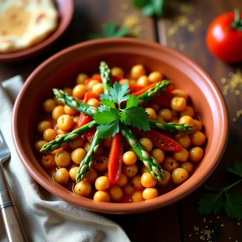 Plato hondo de barro con chakchouka vegana: garbanzos dorados, espárragos trigueros tiernos, tomates secos en tiras y especias vibrante, decorado con perejil fresco. Desayuno tunesino colorido y apetitoso.