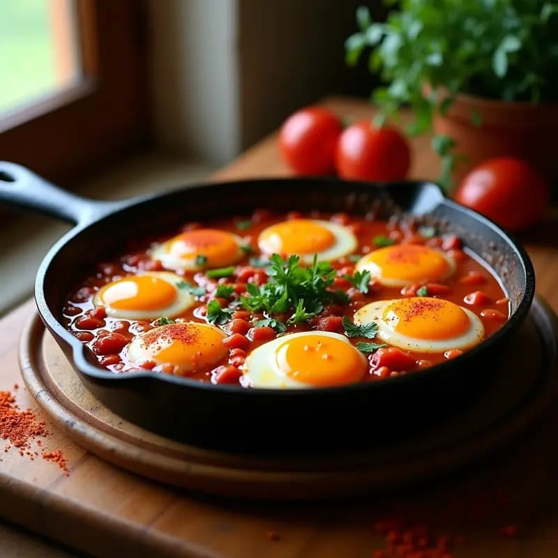 Sartén de hierro negro con chakchouka tunecina: salsa espesa de tomate y pimiento rojo con especias, coronada por 8 huevos de codorniz con yemas líquidas y cilantro fresco picado. Plato colorido y apetecible, ideal para desayuno alto en proteínas.