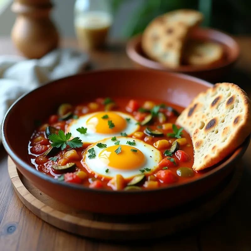 Plato hondo de cerámica blanca con chakchouka tunecina vegetariana: berenjenas asadas, pimientos rojos y tomates en salsa especiada, coronados con dos huevos pochados y cilantro fresco. Acompañado de pan de pita integral tostado.