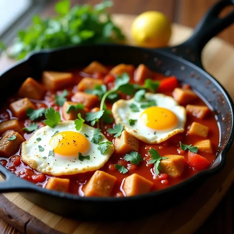 Sartén de hierro con chakchouka tunisiana humeante, merluza desmenuzada, huevos escalfados con yemas líquidas, pimientos rojos y verdes asados, y perejil fresco espolvoreado, servida sobre fondo rústico de madera.