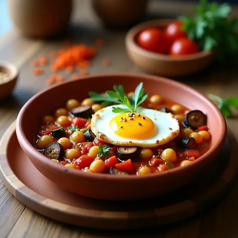 Plato hondo de barro con chakchouka tunecina: mezcla colorida de pimientos asados rojos, berenjena morada y tomates confitados, coronados por un huevo poché de yema líquida. Decorado con perejil fresco, almendras tostadas y un hilo de aceite de oliva virgen extra sobre fondo rústico.