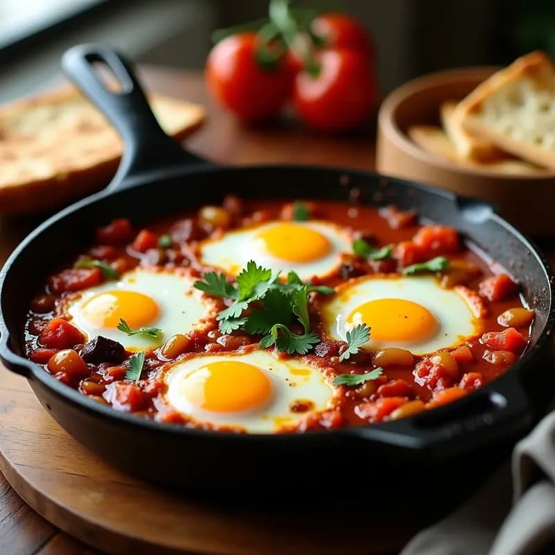 Sartén de hierro fundido con chakchouka tunecina humeante: salsa espesa de tomate, pimientos asados y especias, coronada con cuatro huevos pochados de yema líquida. Decorada con cilantro fresco y un hilo de aceite de oliva. Plato tradicional árabe alto en proteína, servido con pan de pita tostado al lado.