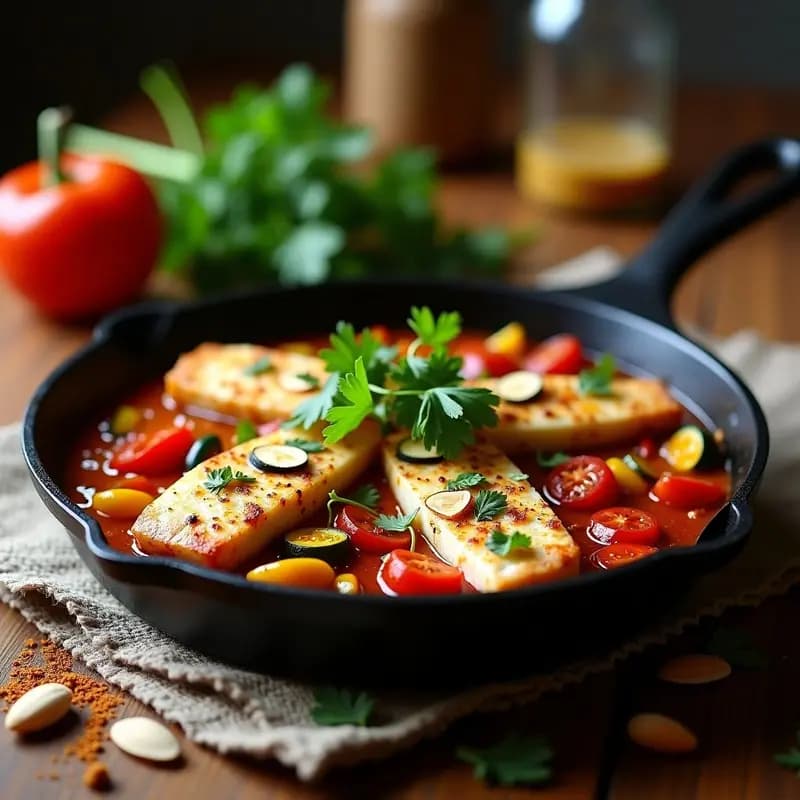 Sartén de hierro con chakchouka tunecina de merluza y tomate, huevos pochados sobre salsa espesa de tomate, pimientos asados y calabacín, espolvoreada con perejil fresco. Plato colorido y apetitoso con tonos rojos, verdes y blancos.