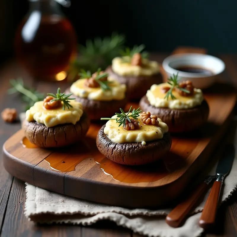 Bromes de champiñones portobello rellenos de queso azul desmenuzado y nueces tostadas, horneados hasta dorarse, servidos en bandeja rústica de madera con decoración de tomillo fresco y hilo de miel.