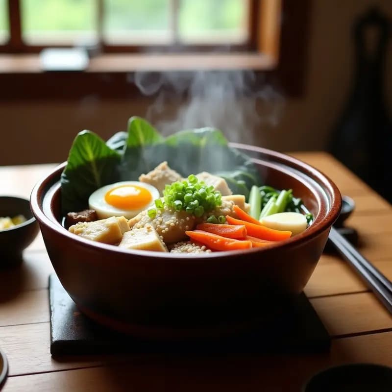 Olla de barro japonesa con Chanko Nabe humeante, lleno de trozos de pollo, tofu sedoso, repollo napa, zanahoria, shitake y algas wakame. Cuencos con fideos soba y huevo pochado, espolvoreado con semillas de sésamo y acompañados de salsa de soja.