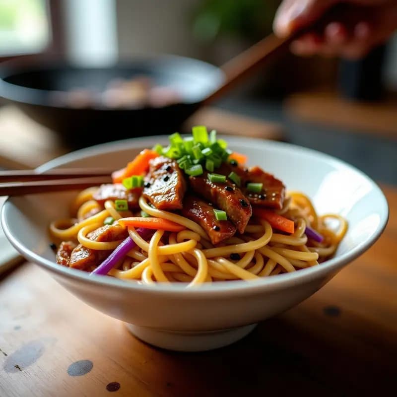 Wok de acero con Ch chaos de cerdo chino y salsa hoisin, verduras en juliana coloridas, brotes de soja y decoración de cacahuetes y sésamo. Plato vibrante y saludable sin aceite.