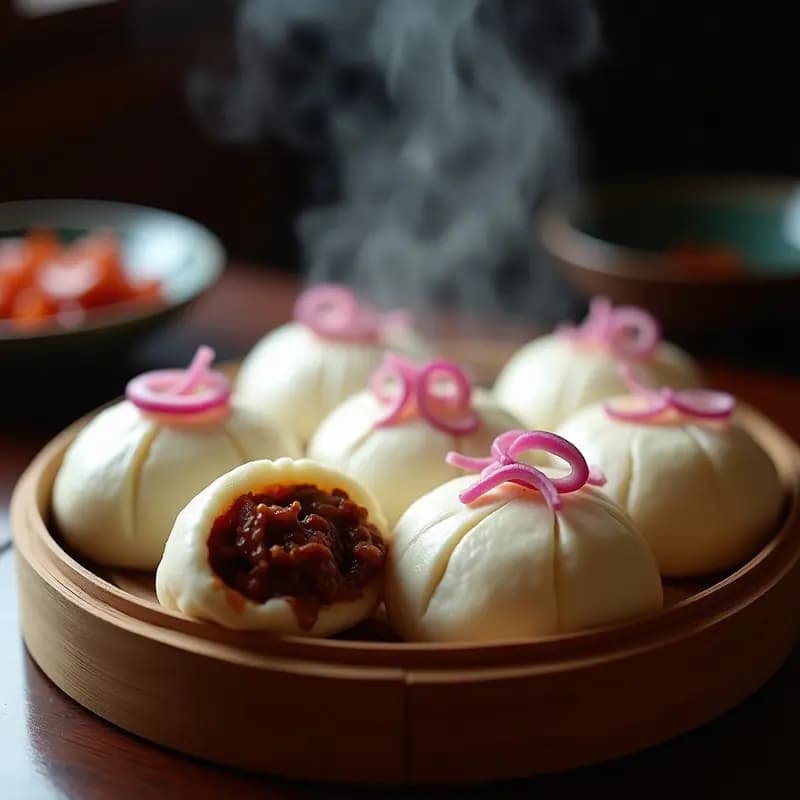 Panecillos chinos al vapor Char Siu Bao recién hechos, esponjosos y brillantes, rellenos de cerdo asado jugoso y aromático, servidos en una vaporera de bambú sobre una mesa de madera con salsa hoisin al lado.