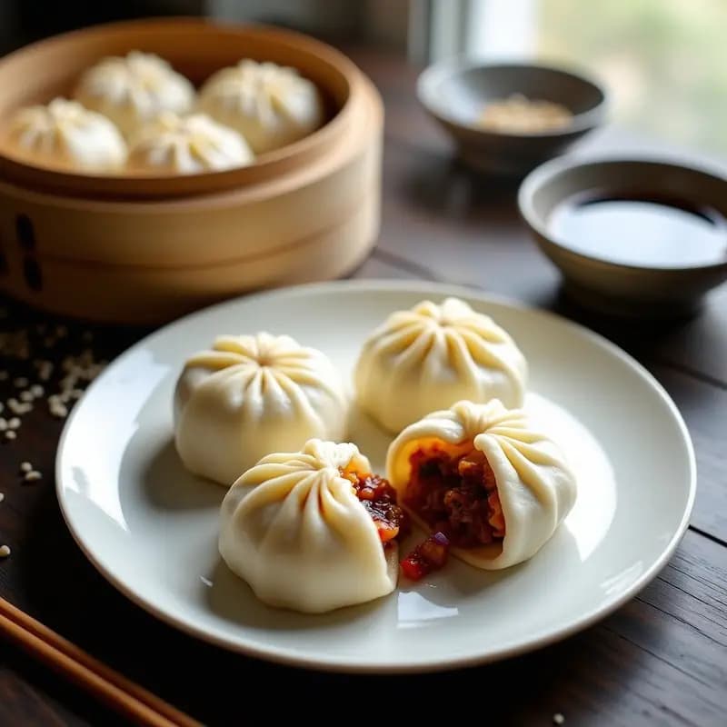 Plato blanco con seis Char Siu Baos Veganos con Jackfruit al vapor, masa esponjosa y brillante, rellenos visibles de jackfruit marinado en salsa char siu oscura, decorados con semillas de sésamo y cebolla morada picada, sobre fondo de madera con vaporera de bambú al lado.