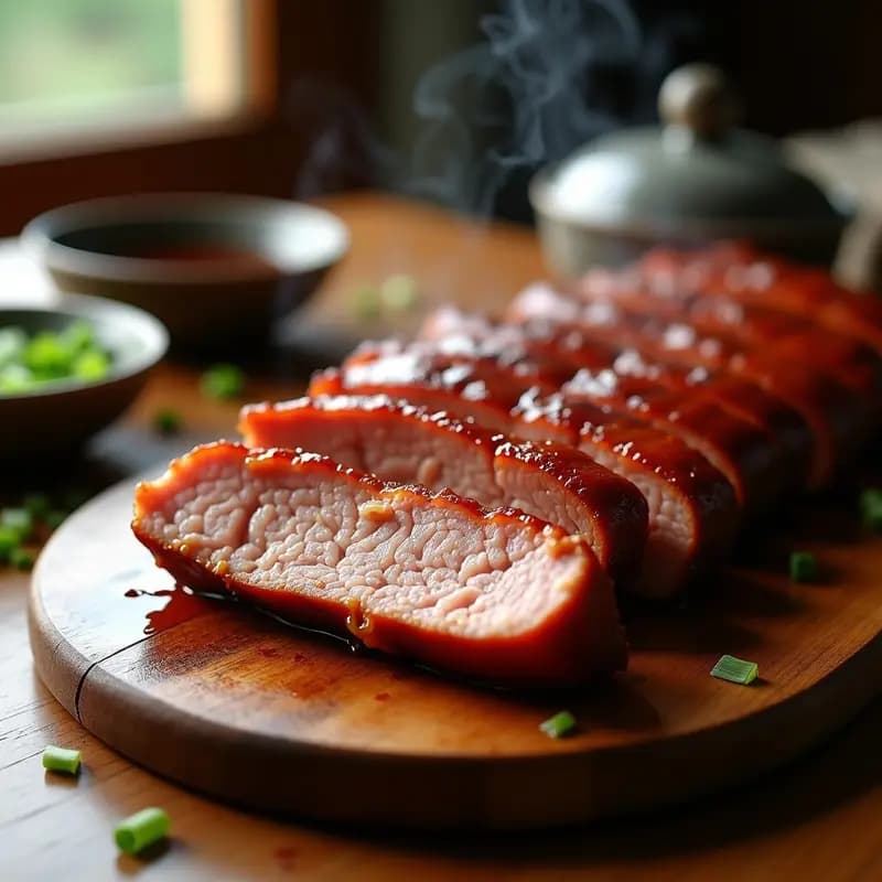 Plato de Char Siu de cerdo asado en horno, con trozos dorados y glaseado brillante de miel y cinco especias, servido sobre tabla de madera con rodajas de cebolla verde y salsa oscura al lado.