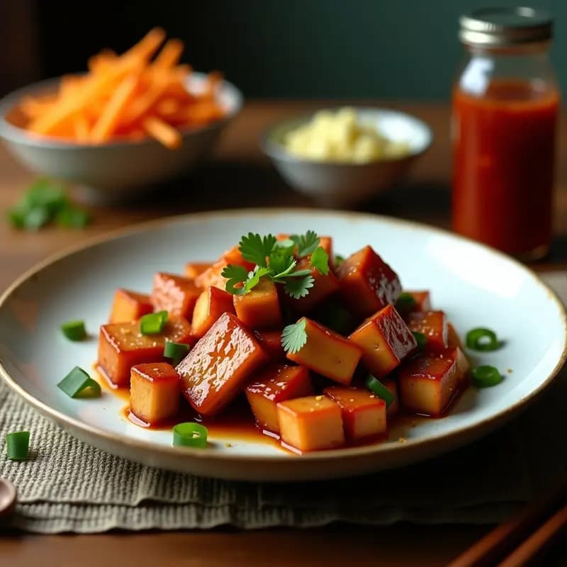Plato de Char Siu de tofu vegano con bastones dorados y caramelizados, servidos sobre cebolla morada y pimiento rojo salteados, espolvoreados con semillas de sésamo y cilantro fresco, acompañado de salsa hoisin brillante.