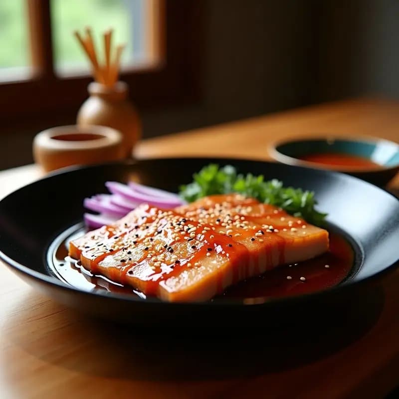 Rodajas gruesas de chasiu de cerdo al estilo ramen con salsa teriyaki brillante, espolvoreadas con semillas de sésamo y acompañadas de cebolla morada caramelizada, servidas en un plato hondo de cerámica negra con fondo de madera rústica.