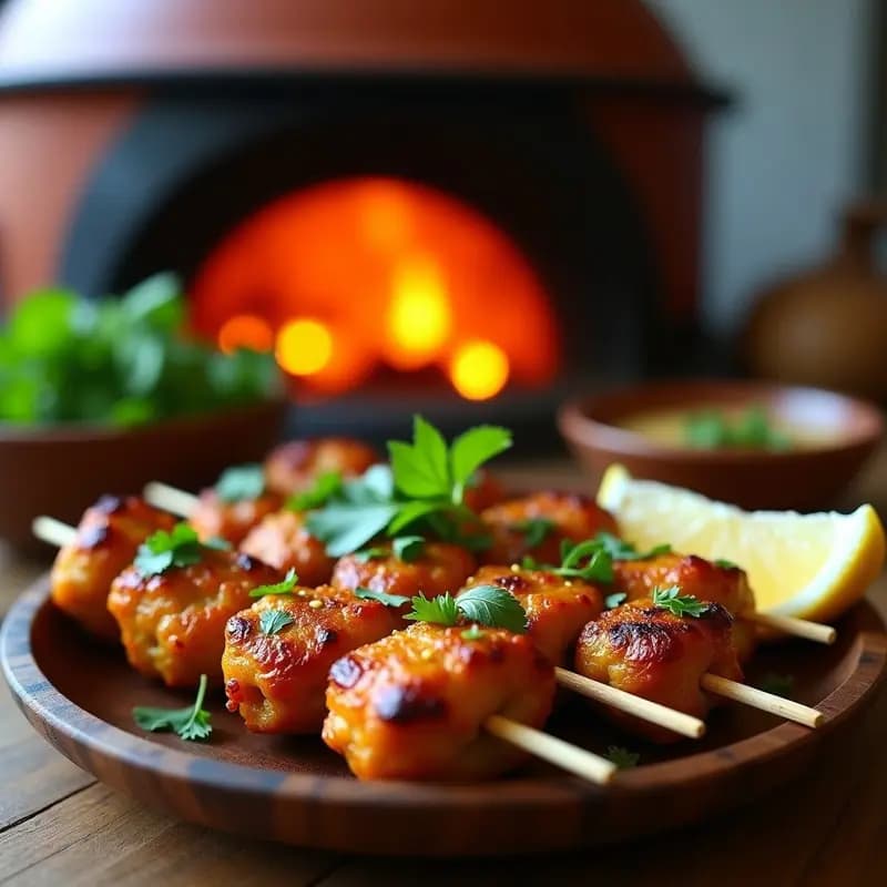 Brochetas de pollo dorado y jugoso asadas en tandoor, con costra especiada de yogur y azafrán, acompañadas de hierbas frescas de cilantro y menta. Receta auténtica de Chauri Indio con pollo al yogur y especias.