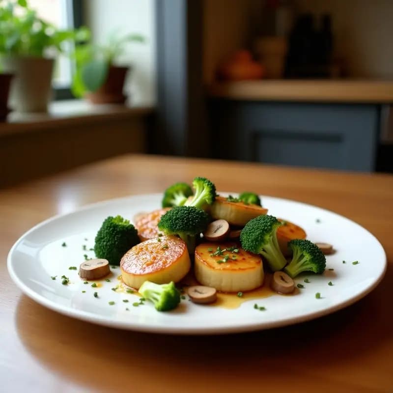Cuatro tazones blancos de chawanmushi vegano con brócoli y shiitake al vapor, superficie sedosa y brillante, decorados con semillas de sésamo negro y un hilo de aceite de sésamo, sobre una mesa de madera oscura con fondos desenfocados de utensilios japoneses.