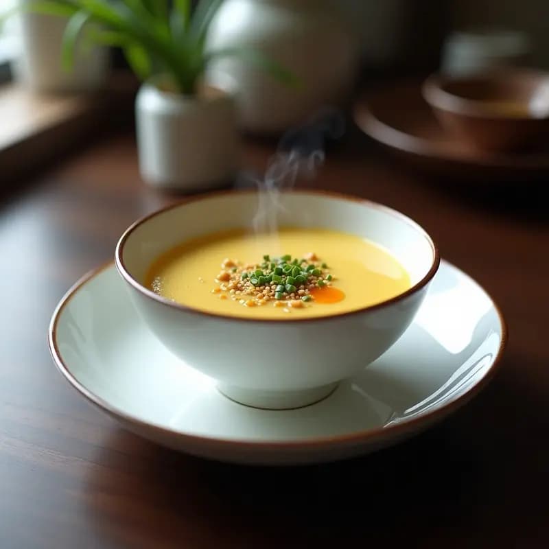 Dos tazas de cerámica blanca con chawanmushi de champiñones y ginseng al vapor, decoradas con cebollino picado y semillas de sésamo negro, sobre una mesa de madera con vapor visible y fondo minimalista japonés.