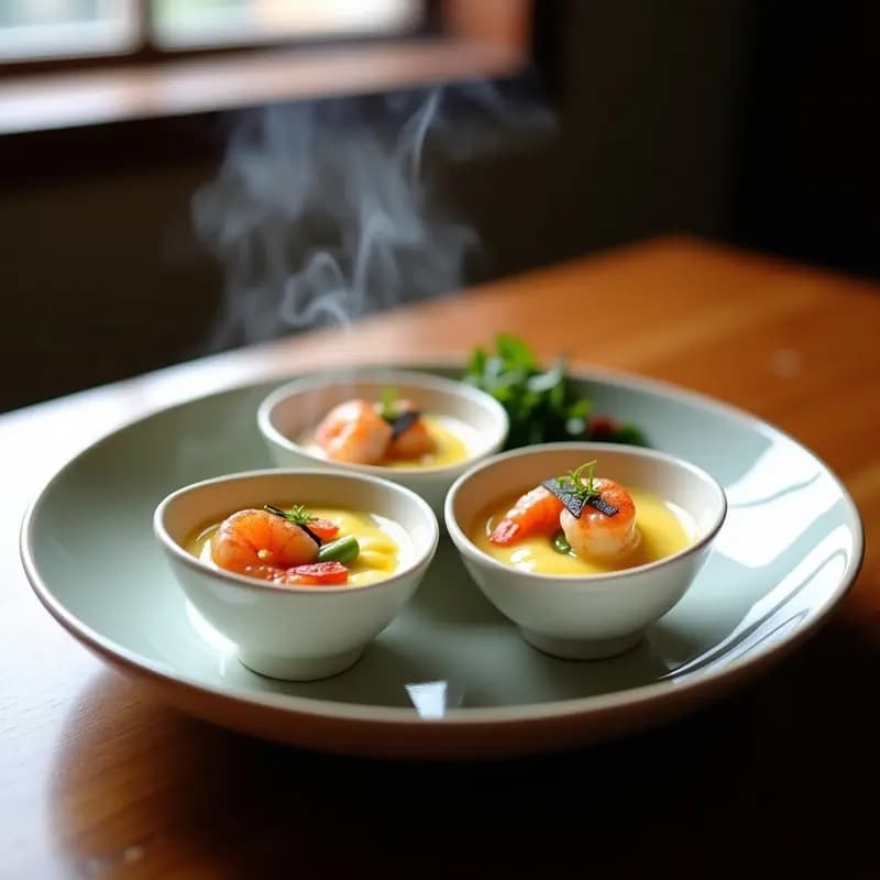 Cuatro tazones de porcelana blanca con chawanmushi de espárragos y gamba al vapor, huevo sedoso brillante, gambas rosadas y espárragos verdes, decorados con cebollino y aceite de sésamo, sobre una mesa de madera con vapor de fondo.