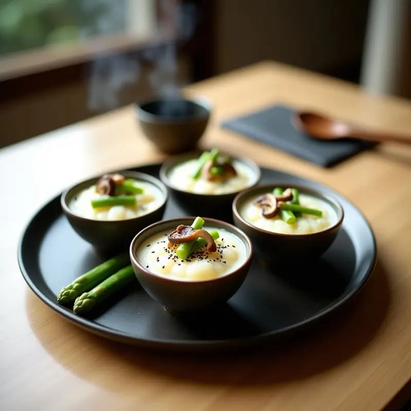 Cuatro porciones de chawanmushi vegano al vapor en tazones de cerámica blanca, con espárragos trigueros y láminas de shiitake visibles en su interior, decorado con cebollino picado y semillas de sésamo negro, servido sobre una mesa de madera con un cuenco de salsa ponzu al lado.