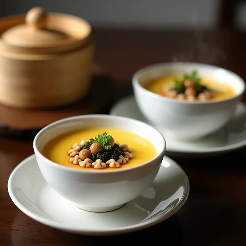 Dos tazas de porcelana blanca con chawanmushi de hongos shiitake y gingko, servido con decoración de algas nori, cebollino y aceite de sésamo. receta japonesa en taza sin gluten.