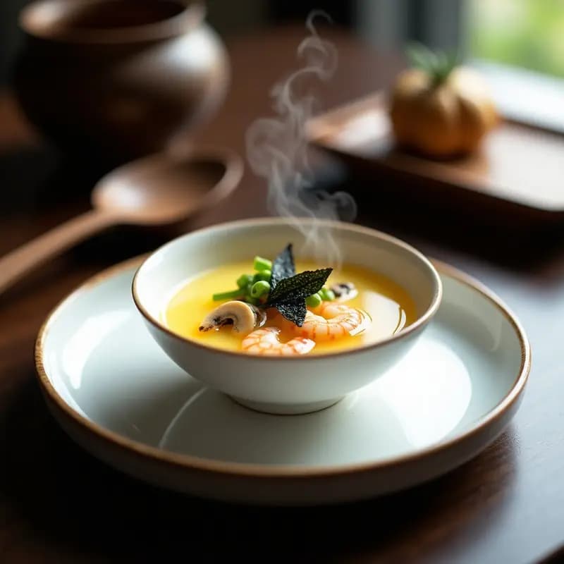 Chawanmushi japonés al vapor en tazón de cerámica blanca, con trozos de camarón rosa y setas shiitake doradas, decorado con cebollino y alga nori, fondo de vapor suave.