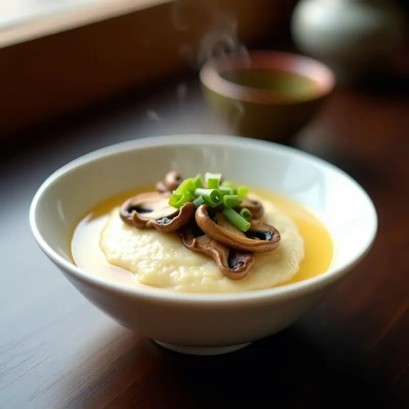 Tazón de cerámica blanca con chawanmushi vegano al vapor, textura sedosa y dorada, coronado con láminas de setas shiitake y cebollino fresco. Plato japonés elegante y ligero, servido en un fondo de madera oscura.