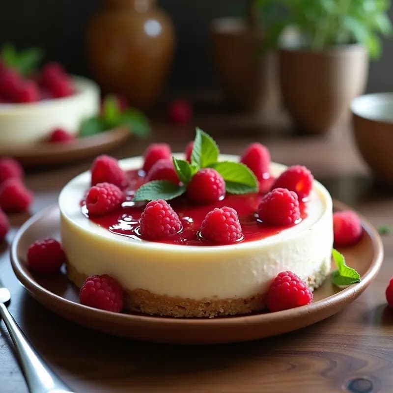 Cheesecake vegano sin horno en molde desmontable, con base crujiente de cáscaras de anacardo y crema sedosa de anacardos, decorado con frambuesas frescas y hojas de menta en un plato rústico de madera.