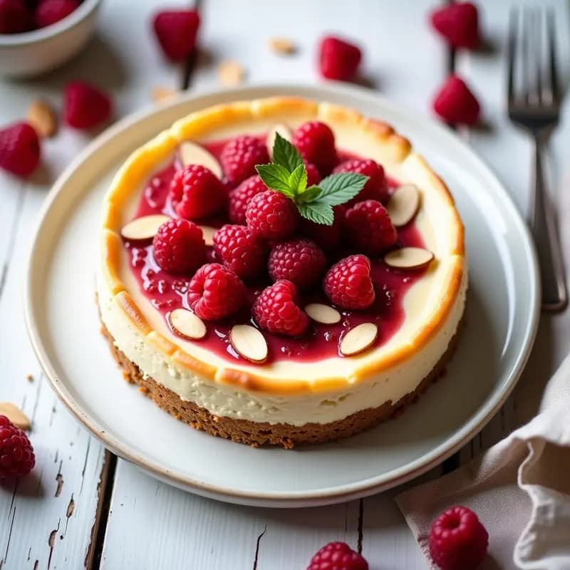 Cheesecake keto sin horno en molde desmontable, con base dorada de almendras tostadas, relleno cremoso de queso y decoración de frambuesas frescas y almendras fileteadas, servido en plato blanco rústico.