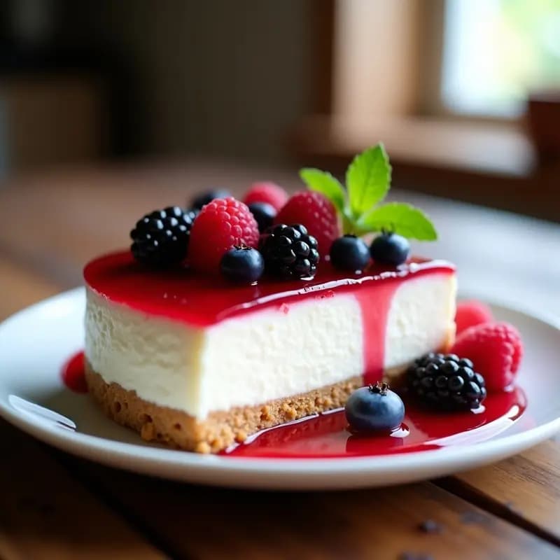 Cheesecake francés cremoso con base de galleta María dorada, capa de queso sedoso y frutos rojos frescos brillantes glaseados con mermelada de frambuesa, servido en porción individual sobre plato blanco.