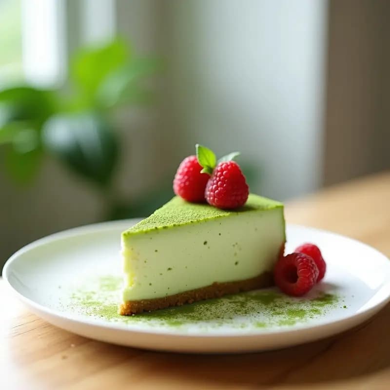 Cheesecake japonés de matcha y queso crema en molde desmontable, con superficie lisa y color verde pálido, decorado con espolvoreado de matcha y rodajas de limón sobre fondo blanco minimalista.