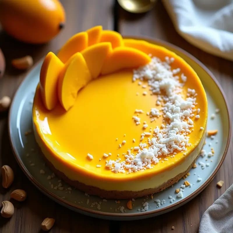 Cheesecake vegano de mango y cúrcuma con base de anacardos, decorado con rodajas de mango fresco y un toque de cúrcuma en polvo sobre un plato blanco rústico, con fondo desenfocado de hojas verdes.