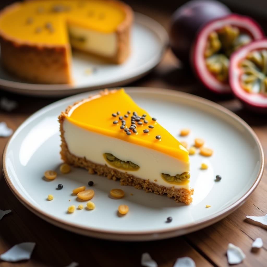 Cheesecake de maracuyá y semillas de chía sin horno, con base dorada de coco y almendras, relleno cremoso amarillo vibrante y decoración de gel de maracuyá con semillas negras de chía espolvoreadas.