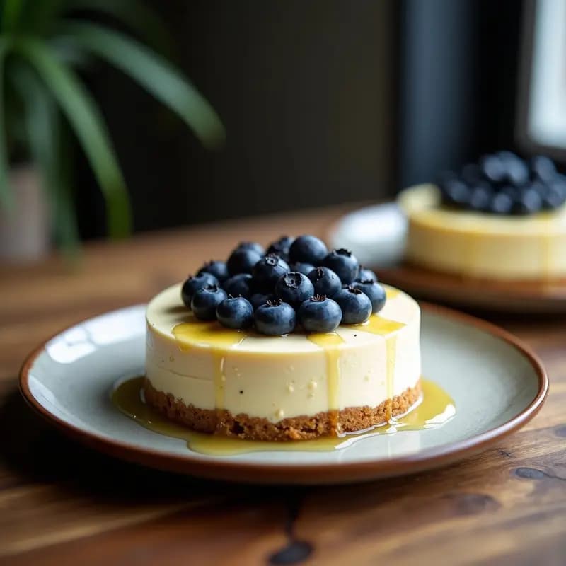 Cheesecake raw de queso de anacardos y arándanos en molde desmontable, con base dorada de almendras y dátiles, relleno cremoso blanco y decoración de arándanos frescos y semillas de chía, sobre fondo rústico de madera.