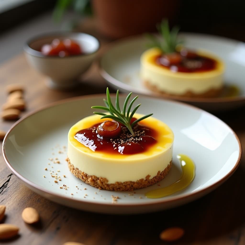 Cheesecake salado keto sin horno en moldes individuales, con base de almendra dorada, relleno cremoso de queso de cabra y corona de mermelada de cebolla caramelizada brillante, decorado con romero y pimienta negra.