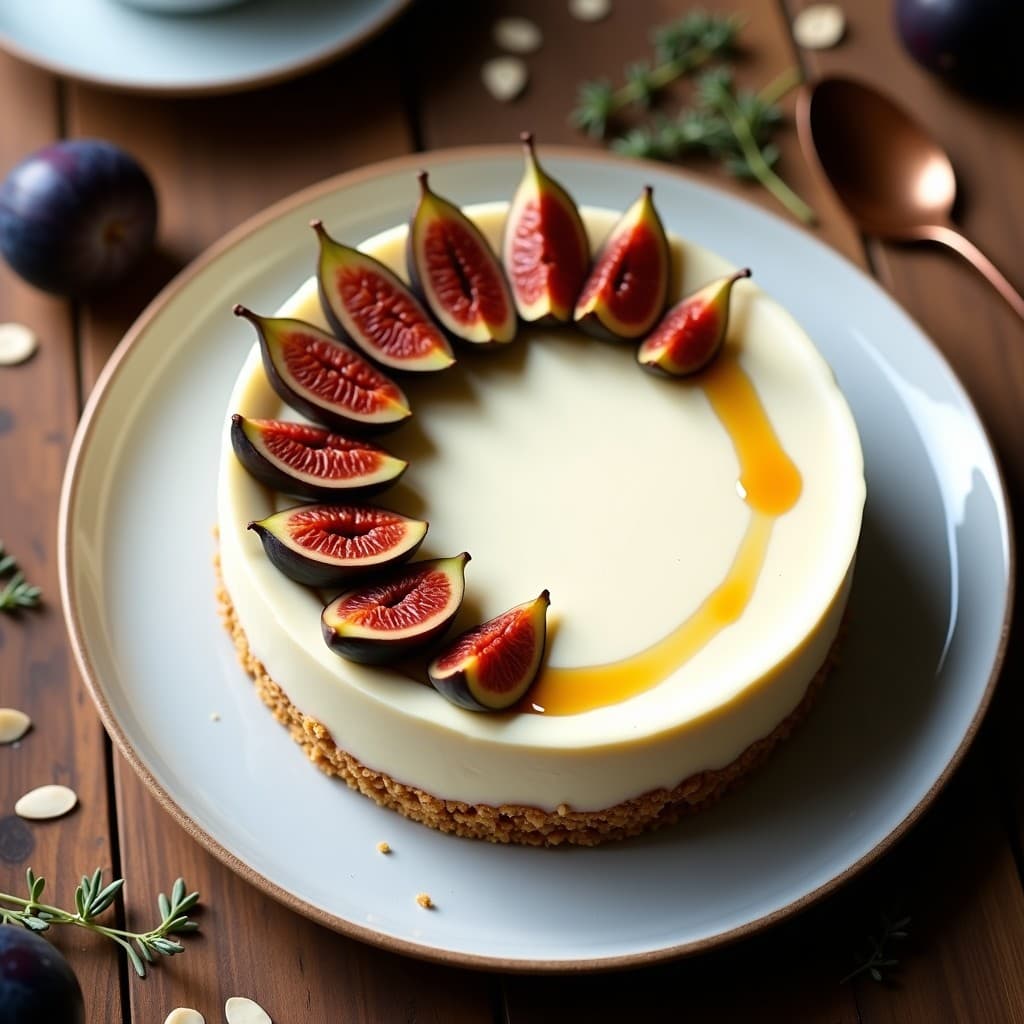 Cheesecake griego sin horno de queso de cabra y higos caramelizados, con base de almendras y avena, decorado con láminas de higos dorados y un hilo de miel de tomillo sobre fondo rústico de madera.