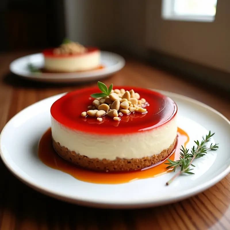 Cheesecake de queso de cabra con base crujiente de nueces y semillas de amapola, cubierto con mermelada de tomate brillante y decorado con hojas de romero fresco, presentado en molde desmontable sobre fondo rústico.