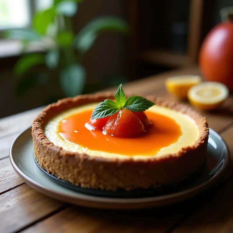 Cheesecake vegano sin horno de queso de caju con capa brillante de mermelada de tamarillo, servido en molde desmontable sobre fondo rústico de madera.
