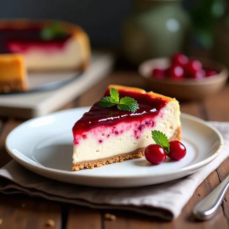 Cheesecake vegano francés de queso de castaña con base de almendra y dátil, decorado con coulis de arándanos brillantes y almendras tostadas, sobre un plato de porcelana blanca con fondo rústico de madera.