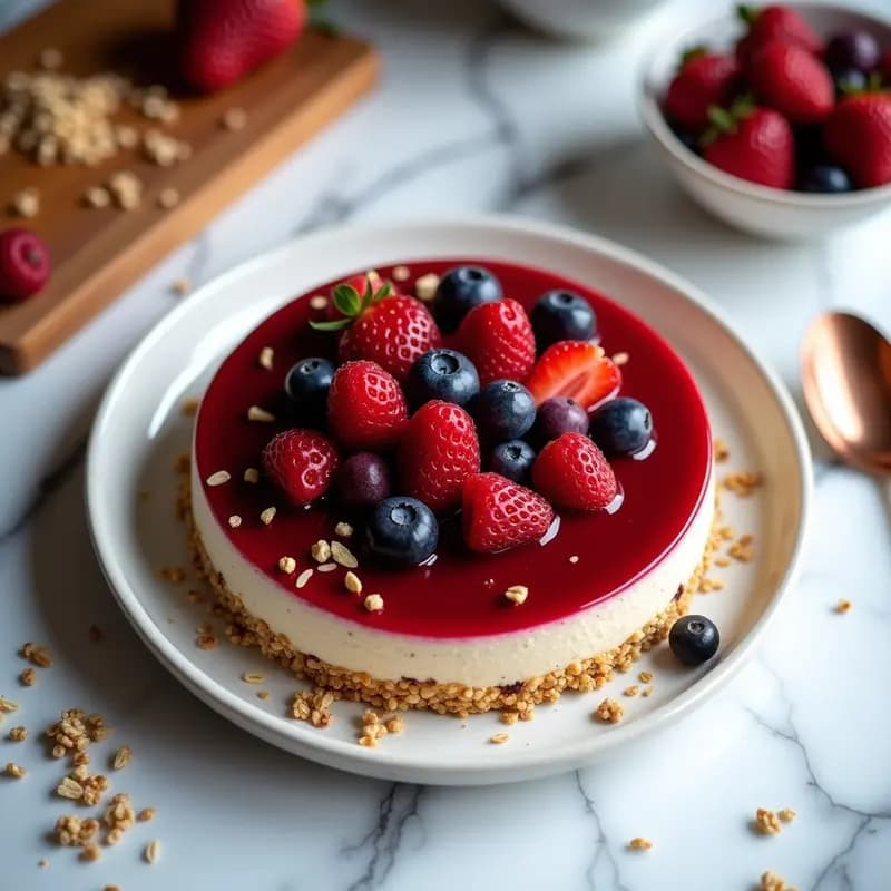 Cheesecake de quinoa y frutos rojos en molde desmontable, con base dorada de quinoa inflada y coco, crema blanca de anacardos y topping brillante de compote de frutos rojos frescos. Postre peruano sin horno y sin gluten.