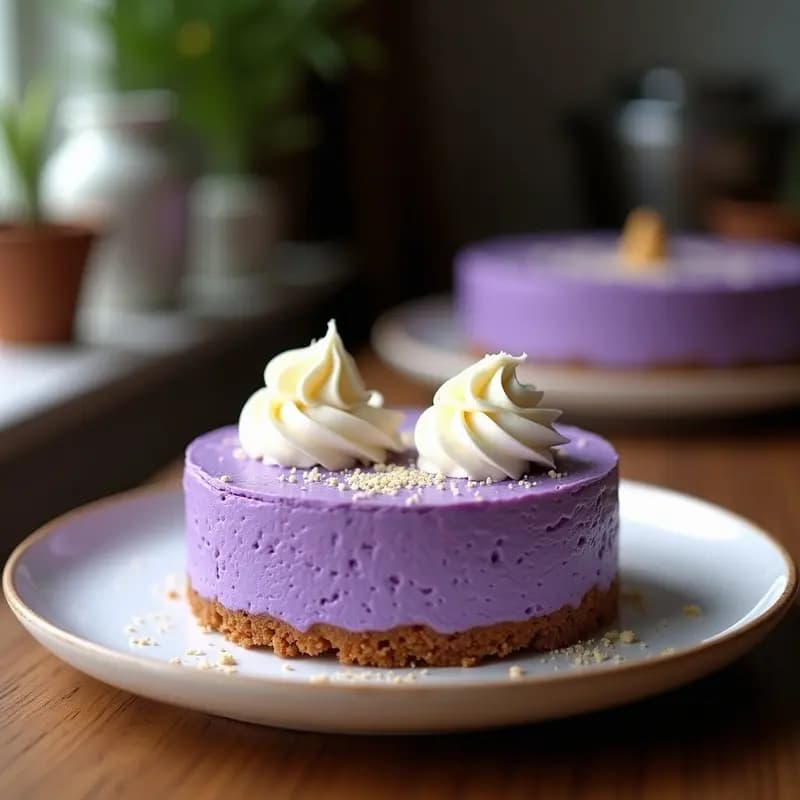 Cheesecake de ube y coco en molde desmontable, corte limpio mostrando capas: base morada de galletas de arroz, relleno cremoso lila y topping de coco rallado tostado dorado. Postre filipino sin horno con textura sedosa.