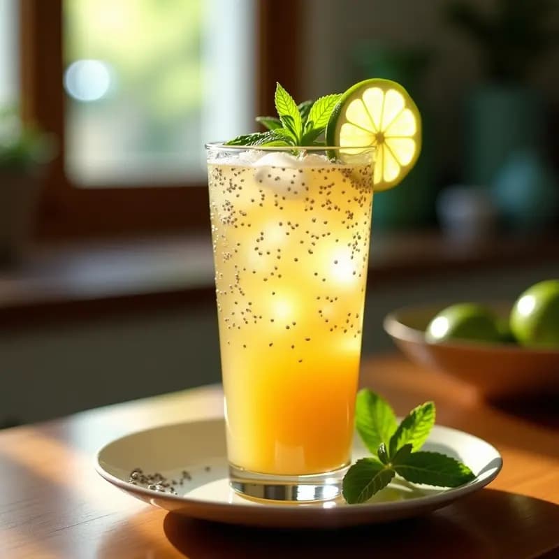 Vaso alto transparente con Chia Fresca con Lima y Miel, semillas de chía hinchadas, hielo, rodaja de lima y hojas de hierbabuena fresca, fondo borroso con luz natural.
