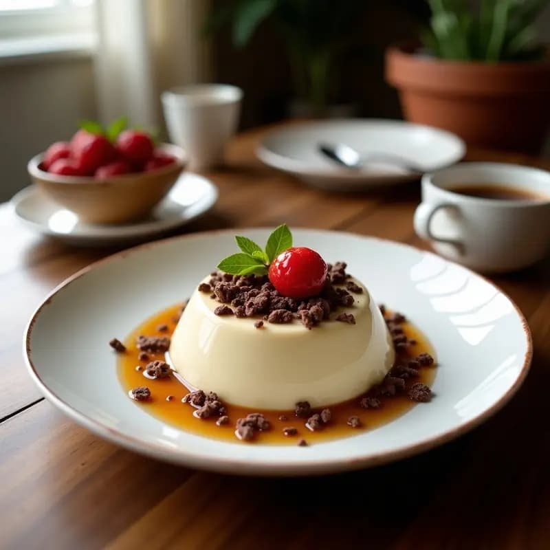 Frasco de vidrio transparente con capas de chía pudding cremoso de color beige, coronado con granola de cacao oscura y crujiente, frambuesas frescas rojas y hojas de menta verde. El plato se presenta sobre una mesa de madera rústica con luz natural, resaltando la textura y los colores vibrantes de este desayuno sin gluten.