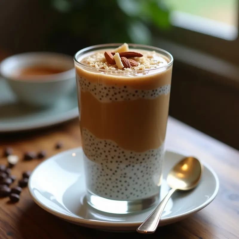 Vaso de cristal transparente con Chia Pudding de café y cardamomo, capas cremosas de color marrón claro, decorado con almendras fileteadas tostadas y coco rallado. Fondo con granos de café y semillas de chía esparcidas, iluminación natural que resalta la textura gelificante del pudín.