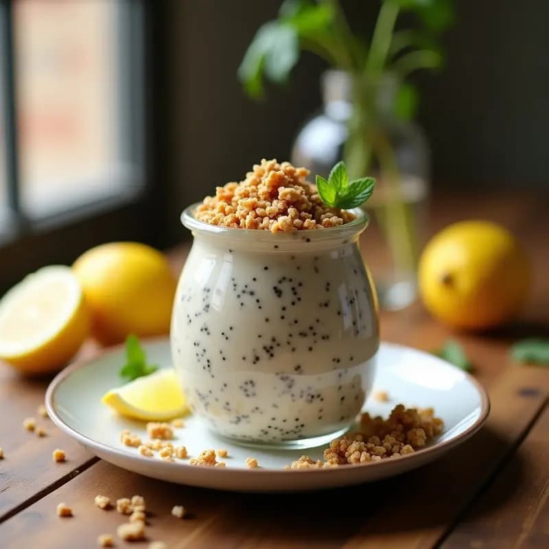 Copa de cristal transparente con Chía Pudding de Té Earl Grey y Limón, de color beige claro con vetas oscuras, coronado con granola de almendras dorada y cáscara de limón rallada. Fondo rústico con una cuchara de madera y una taza de té humeante.