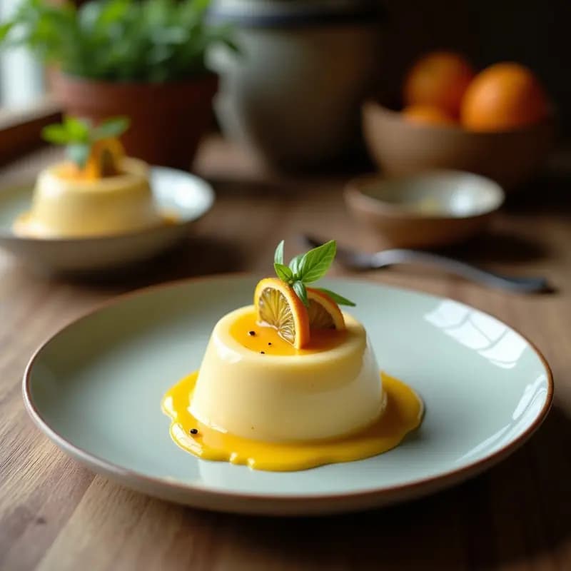 Frasco de vidrio transparente con capas de chia pudding cremoso de leche de coco y maracuyá, decorado con coco rallado y semillas de sésamo tostado sobre una mesa de madera rústica. Desayuno brasilero saludable y colorido.