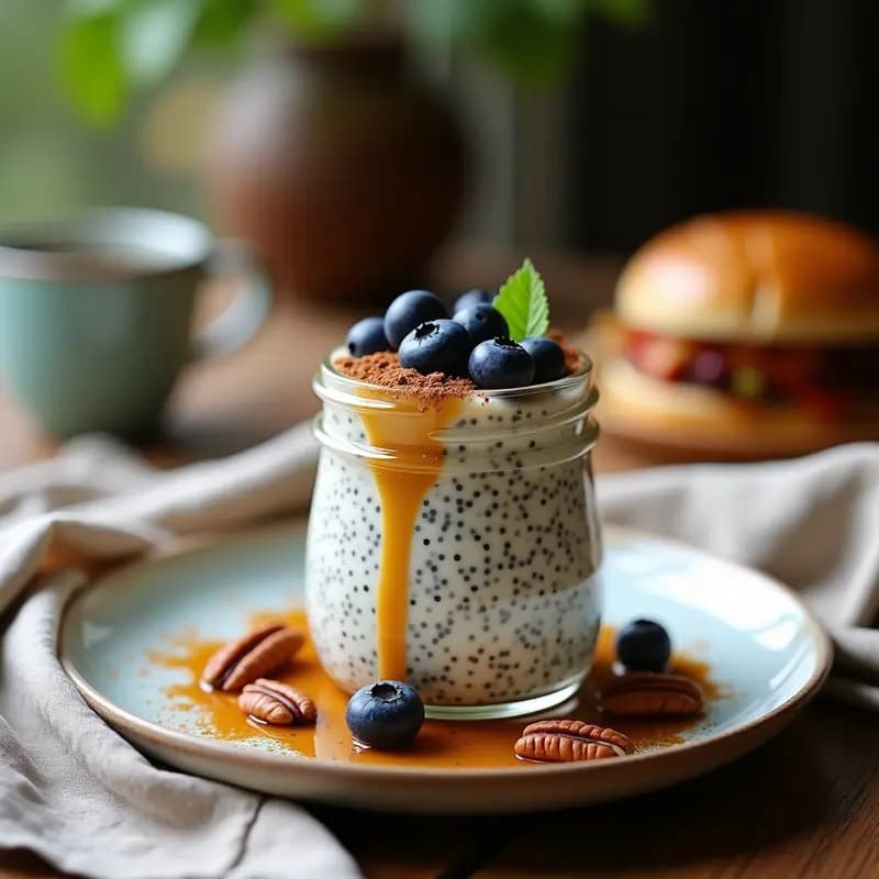 Frasco de cristal transparente con Chia Pudding cremoso de leche de soja y sirope de arce, decorado con arándanos frescos, nueces pecanas tostadas y canela en polvo sobre una mesa de madera rústica.
