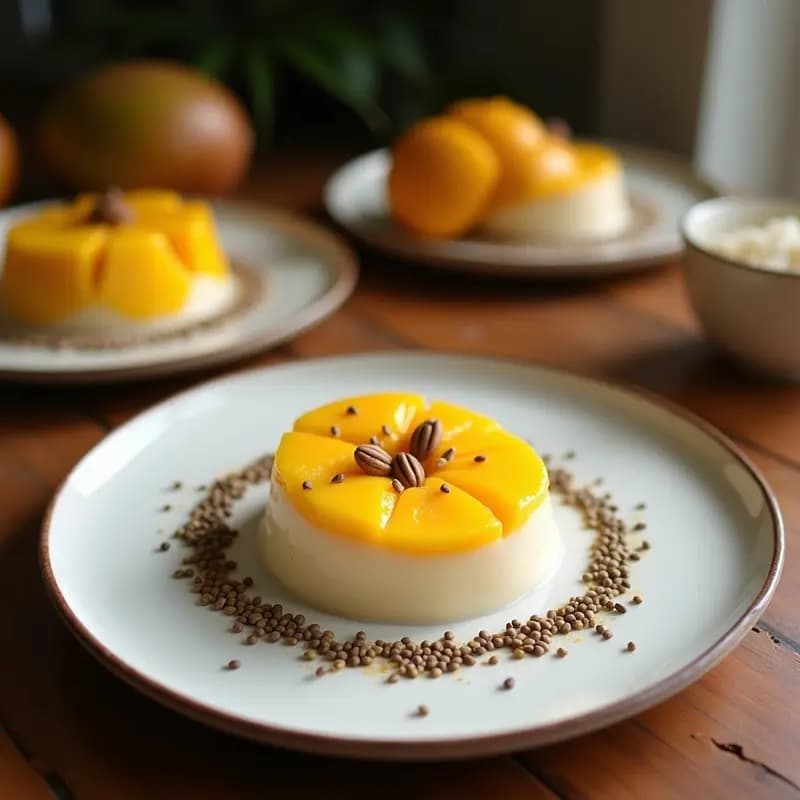 Copas de cristal transparente con Chia Pudding de Mango y Coco, capas cremosas de color amarillo dorado y blanco, decoradas con coco rallado tostado, semillas de chía negras y hojas de menta fresca sobre fondo de madera oscura.